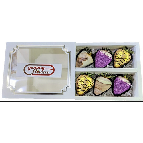 6pcs White Marble with Purple & Gold Chocolate Strawberries Gift Box